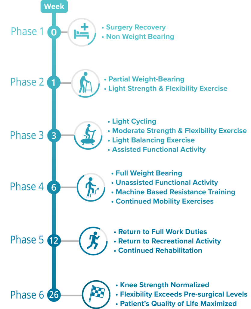 Timeline showing steps involved in knee replacement surgery recovery