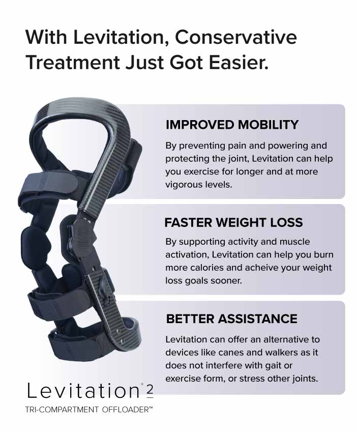 Levitation is hinged knee brace that supports conservative treatment.